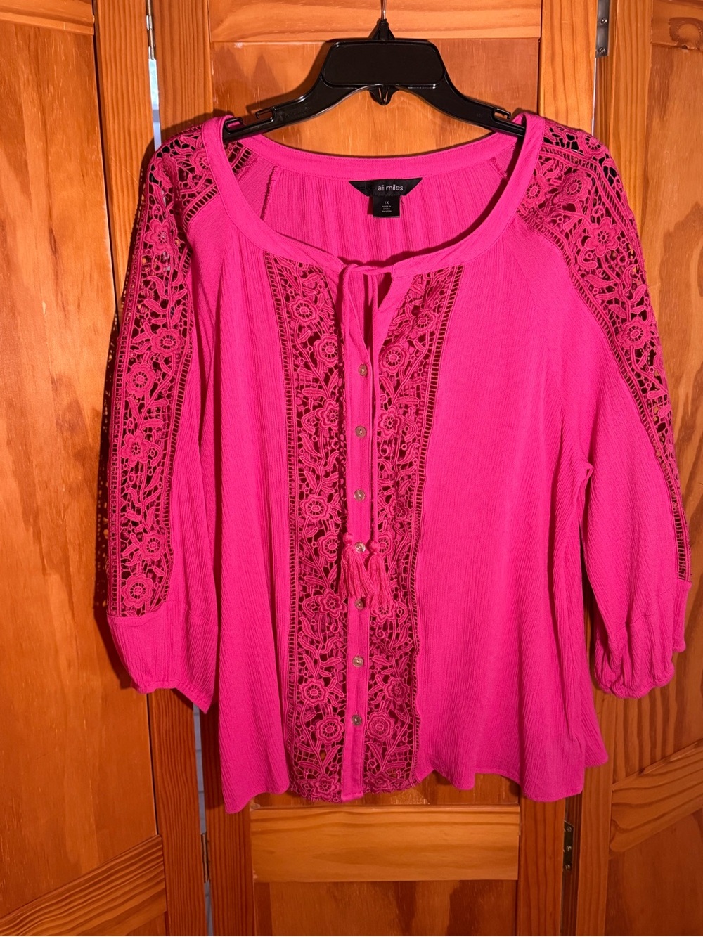 Ali Miles Fuchsia Crochet-Panel Peasant Blouse| Sz 1X| Boho, Cottagecore
